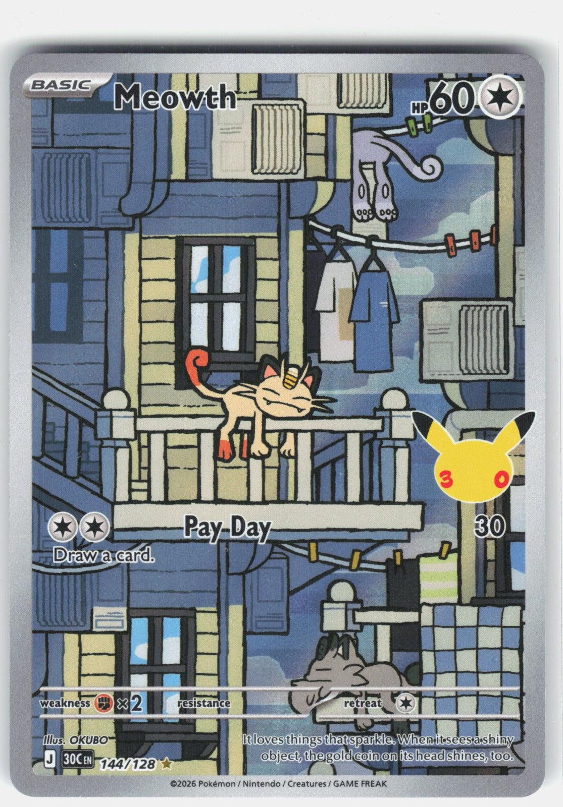 Meowth Illustration Rare ME: 30th Celebration 144/128 NM