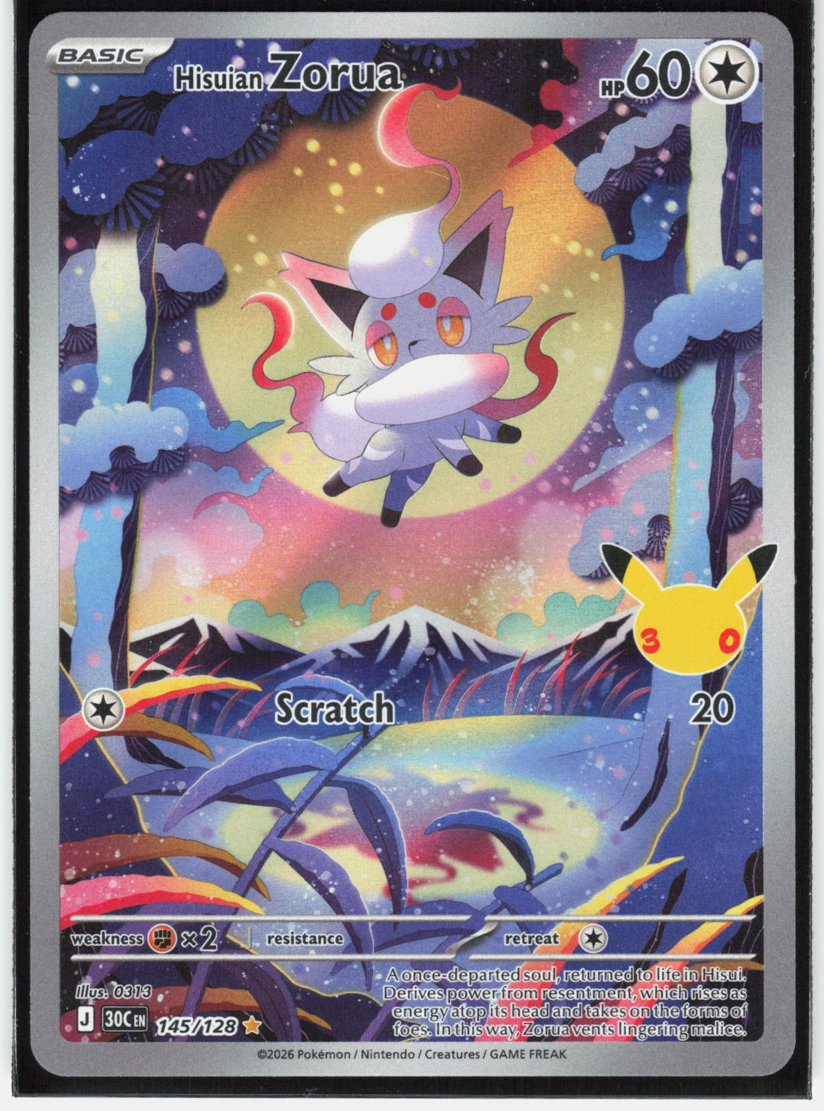 Hisuian Zorua Illustration Rare ME: 30th Celebration 145/128 NM