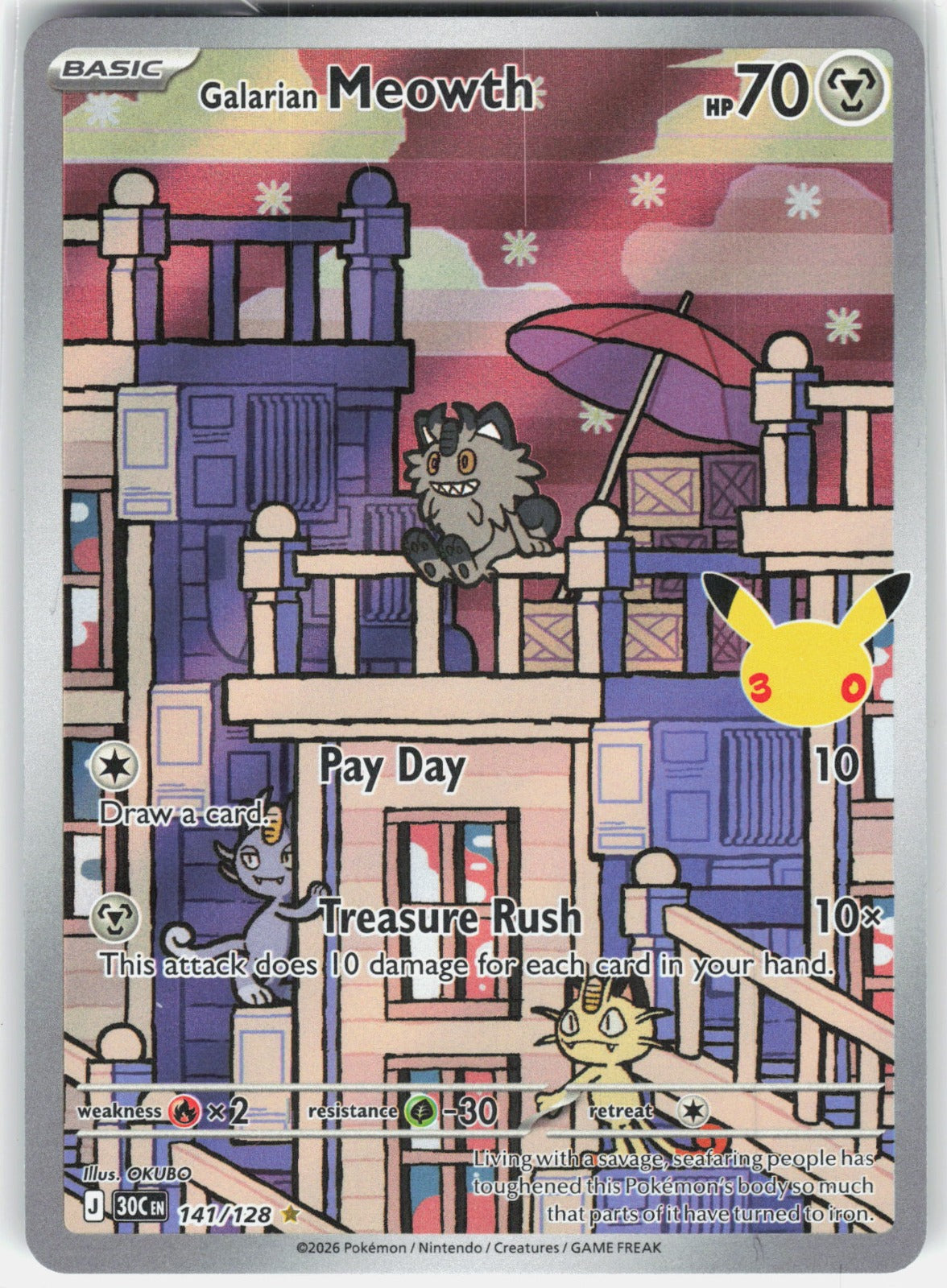 Galarian Meowth Holo Illustration Rare ME: 30th Celebration 141/128 NM