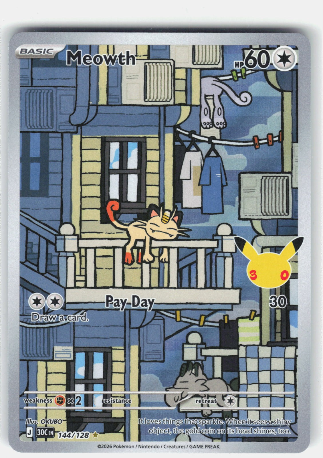 Meowth Illustration Rare ME: 30th Celebration 144/128 NM