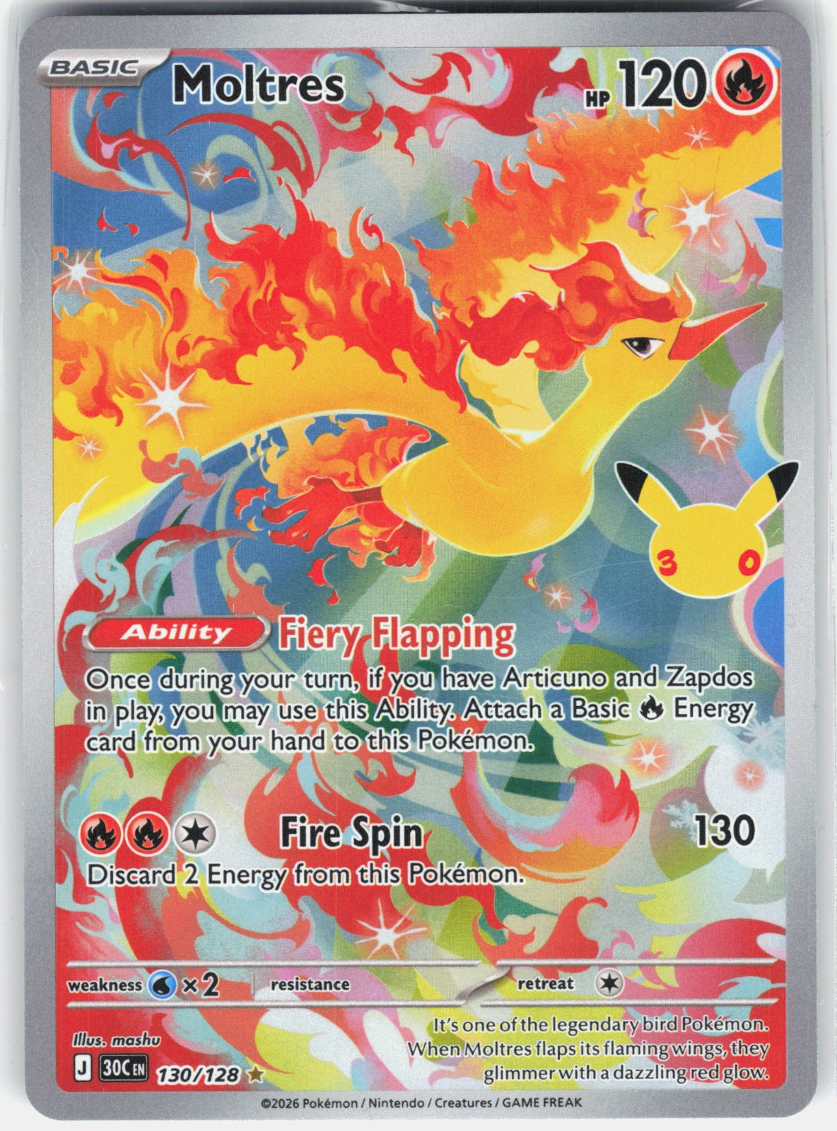 Moltres Holo Illustration Rare ME: 30th Celebration 130/128 NM