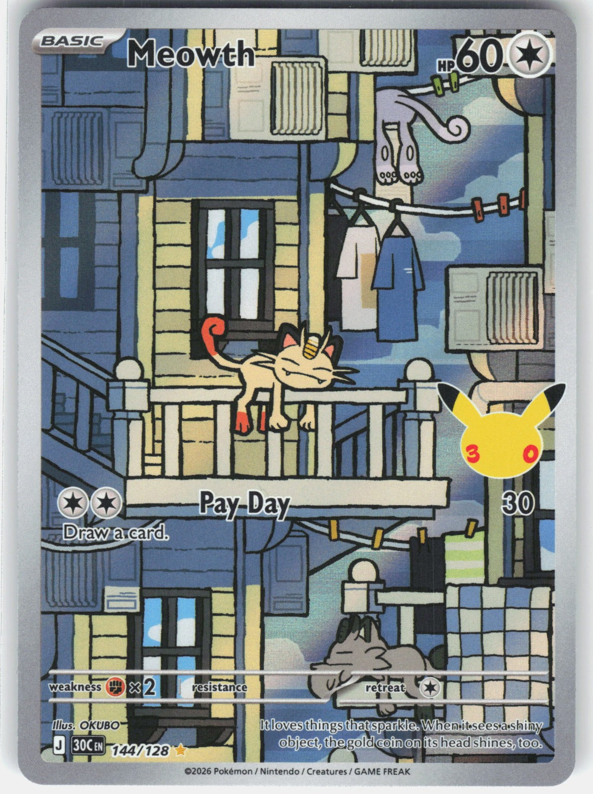 Meowth Illustration Rare ME: 30th Celebration 144/128 NM