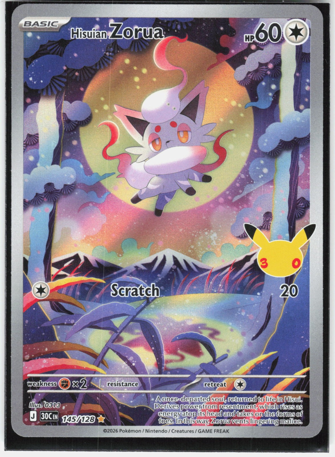 Hisuian Zorua Illustration Rare ME: 30th Celebration 145/128 NM