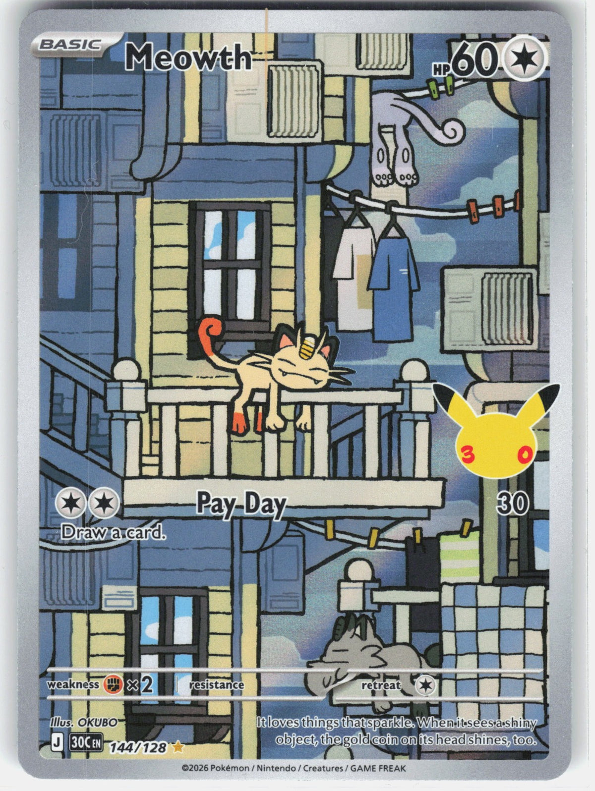 Meowth Illustration Rare ME: 30th Celebration 144/128 NM